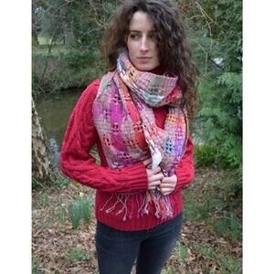 Suantrai of Ireland Open Weave Wool Scarf Colorful Lightweight Artsy Unique